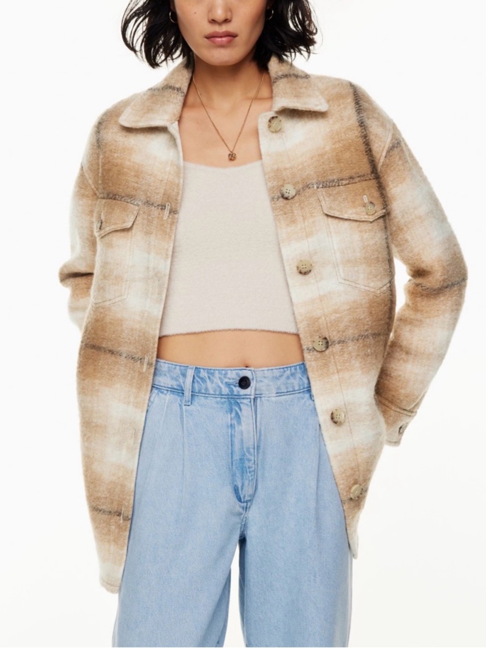 Aritzia Plaid Shacket in Cream and Tan